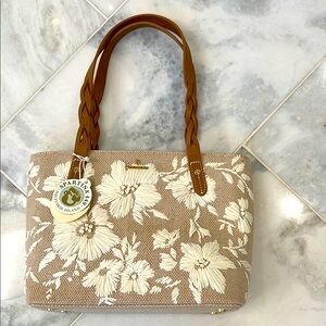 NWT Spartina 449 Raffia Tan and White Floral Tote Bag - zip closure